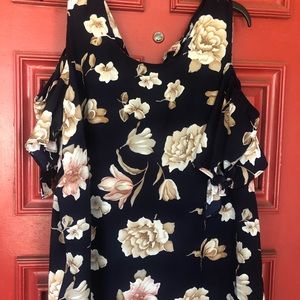 Navy blue /magnolia flower cold shoulder shirt